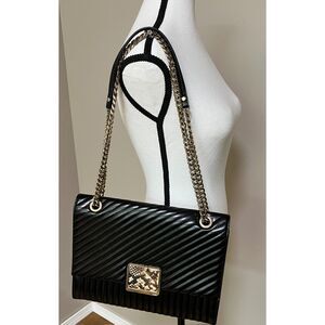 Cavalli Class ribbed black leather flap-style crossbody bag